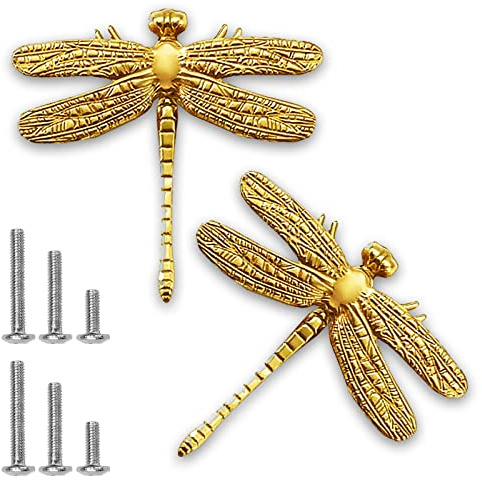 Powerful 2 Pcs Dragonfly Drawer Knobs Gold Brass Cabinet Knobs 3×2.1×0.6 | Vintage Drawer Knobs Cupboard Handles with 6 Screws, Decorative Handles Suitable for Cupboards, Draws, Wardrobes and Cabinets