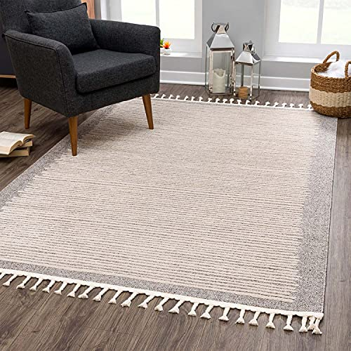 carpet city Teppich Wohnzimmer Mocca - 160x230 cm - Scandi-Stil Gestreift Meliert - Kurzflor Teppiche Modern - Fransenteppich Tricolor Soft&Weich - Flachflor Schlafzimmer