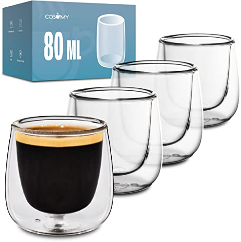 Cosumy 4 Vasos Térmicos de Cristal de Doble Pared para Espresso de 80ml - Mantienen la Temperatura - Protegen tus Manos - Con Caja de Regalo