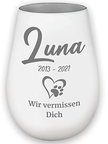 Trauerlicht Windlicht personalisiert mit Gravur und Namen - Wir vermissen Dich - weiß/Silber - Haustier Hund Katze - Gedenklicht Erinnerungslicht Grablicht Trauergeschenk …