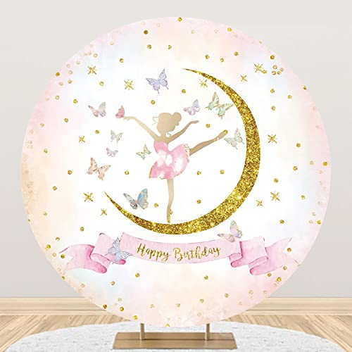 Aoihrraan 220cm Durchmesser Geburtstag Runden Fotografie Hintergrund Ballett Mädchen Farbe Schmetterling Golden Glitzer Punkte Mond Rosa Hintergrund Süße Tänzerin Party Kinder Porträt Fotostudio