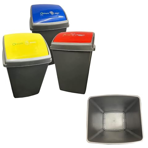 50 Litre Large Grey Recycling Bins With Colour Coded Lids Blue, Red & Yellow Paper, Plastic & Cans Swing Lids Home/Office Business Commercial Bins (Set of 3 (1 x Yellow, 1 Red & 1 Blue))