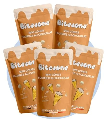 BITECONE - Chocolat Blanc | Fin de Cornet de Glace | Mini cones fourrés | Pack de 5 Sachets | Marque 100% française | Fabrication en Bretagne | Snacks avec Cacao Durable | Sans Huile de Palme | 500g