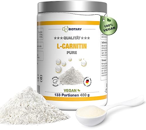 L-Carnitin Pure 400 g - reines Pulver ohne Zusätze - 133 Portionen 3000 mg Carnitinpulver - 100% L-Carnitin Tartrat – Laborgeprüft – Vegan – Hochdosiert - Premium Qualität