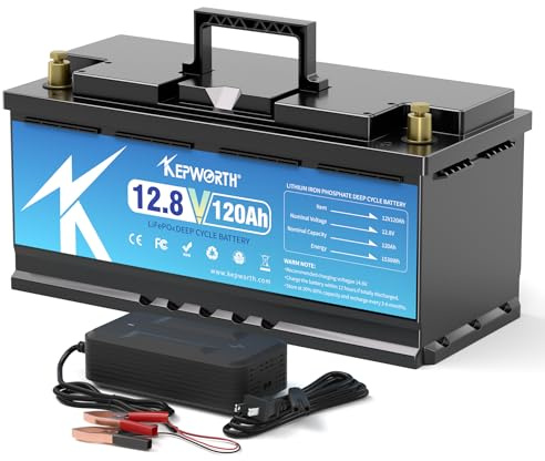 KEPWORTH Bateria Litio 12V 120Ah Batería Lifepo4, Hasta 15000 Ciclos y 10 Años de Vida, 120A BMS, Baterias Solares para Caravana Energía de Respaldo Aplicación Fuera Red Barco Motor de Arrastre