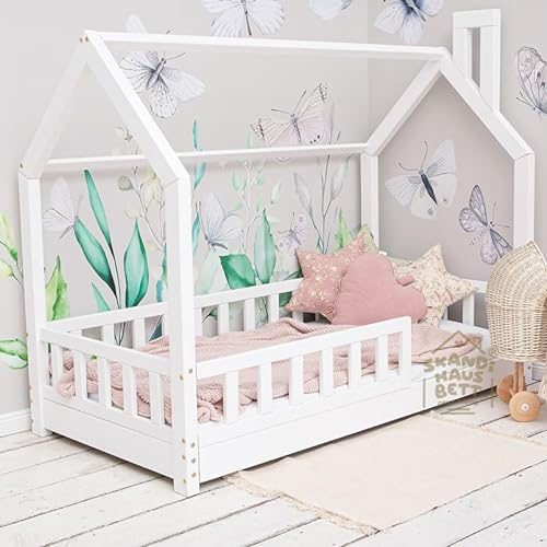 Hausbett 70x140 Mit Rausfallschutz Weiß - Bell Nuo - Kinderbett mit Lattenrost - Stabiles Rausfallschutz Bett für Kinderzimmer - Gemütlich Kinderbett Mädchen