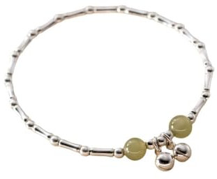 Silber Armband,Sterling-Silber-Armband Für Damen, Zierlicher, Dünner Armreif Aus S925-Silber Mit Bambusknoten, Verstellbar, Grüne Jade-Perlen, Glocken-Charm-Armbänder, Schmuck, Geschenke Für Frauen