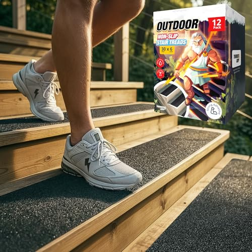 THUNDER GRIP Outdoor Stair Treads - Non Slip 30 x 6 - 12-Pack Weather Resistant Exterior Grip Tape - Anti Skid Strips - Waterproof 80-Grit Adhesive Treads
