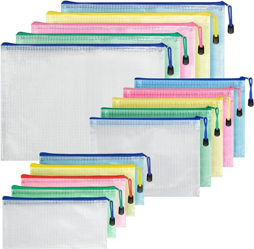 Dokumententasche A3+A4+A5, 15 Stücke Dokumentenmappe PVC Zip Mappe Mesh Beutel mit Reißverschluss für Büro, Papier, Kosmetika und Reisezubehör, Ordnungsmappen für Erwachsene Kinder Studenten