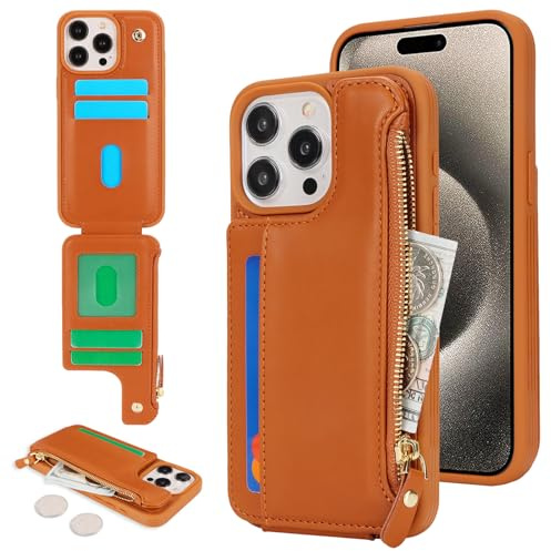 SailorTech för iPhone 15 Pro Max telefonfodral med kreditkortshållare för män, iPhone 15 Pro Max fodral med kreditkortsfack, plånbok och dragkedja för kvinnor – brun