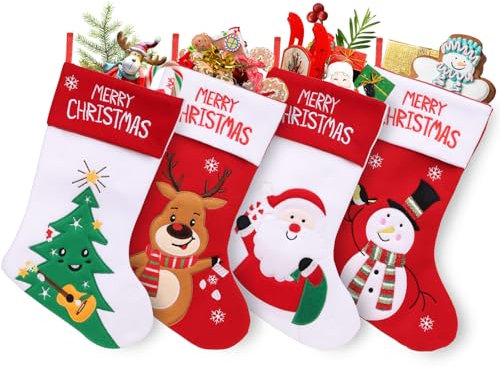 SHAVINGFUN Weihnachtsstrümpfe, 4er-Pack, Cartoon-Weihnachtsmann, Elch, Schneemann, Weihnachtsbaum, personalisierte Weihnachtsstrümpfe zum Aufhängen für den Weihnachtsbaum, Familiendekoration