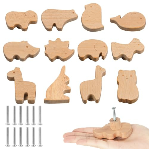 Aolso Schrankknöpfe Holz fur Kinderzimmer, 12 Stück Möbelgriff in Tierform mit Schrauben, Tier Holz Schubladengriff, Möbelknöpfe Tierformen, Holzknöpfe Schrank, Schränke Türknöpfe für Kinder