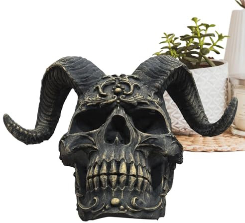 Skull Statue Figurines - Resin Decorative Skulls, Miniature Skull Statues, Gothic Home Decoration | Table Ornament with Ram Horns Det Skull Collectibles