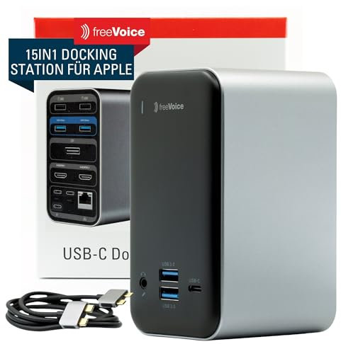 freeVoice Station d'accueil multiport 15in1 I Adaptateur multiport pour HDMI, DisplayPort, USB-A/C, RJ45 & Prise Jack 3,5 mm I Station d'accueil pour Ordinateur Portable Triple écran I Résolution 4k