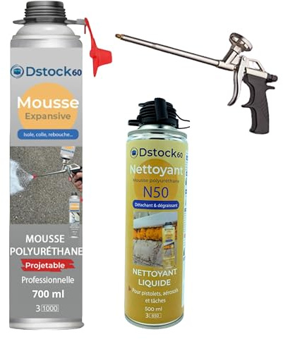 DSTOCK60 – Pack de 1 mousse expansive polyuréthane projetable 700 ml + 1 pistolet + 1 nettoyant mousse - compatible multi-surfaces - application facile et rapide