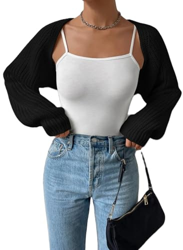 Achlibe Damen-Strickjacke, Bolero, Y2K, niedlicher Fledermausärmel, lange Ärmel, vorne offen, gerippter Strickmantel, A-schwarz, S