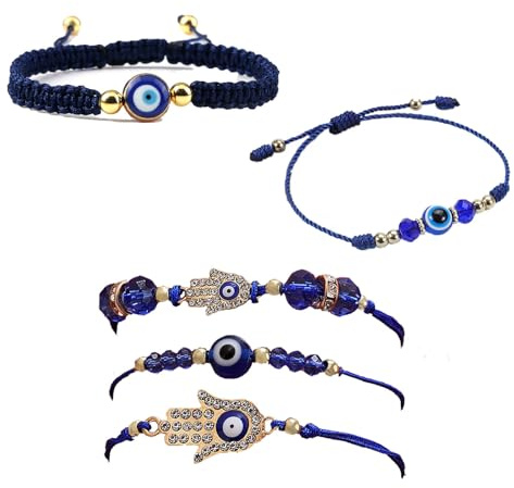 PACIOCEAN 5Pcs Evil Eye Bracelets Set for Women Men, Adjustable Blue Beaded Stretch Bracelet Wristbands, Handmade Boho Anxiety Relief Gift, Positive Energy Spiritual Protection Jewelry