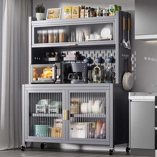 YFWOKSL Mikrowellenherdgestell, Küchenaufbewahrungsschränke, mit Aufbewahrung, stabilem Küchengestell, 5-stufigem Küchen-Organizer-Regal, mit durchsichtigen Türen, kreativer DIY-Rückwand, mit bremsb