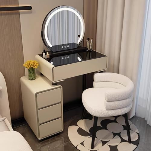 Schminktisch mit Lichtern und Schublade für Schlafzimmer, Ankleidezimmer, kleiner Make-up-Schreibtisch für Mädchen und Frauen, verstellbar, 3 Farben, LED-Lichter, Beistellschrank, Khaki-Grau, 60,5 x