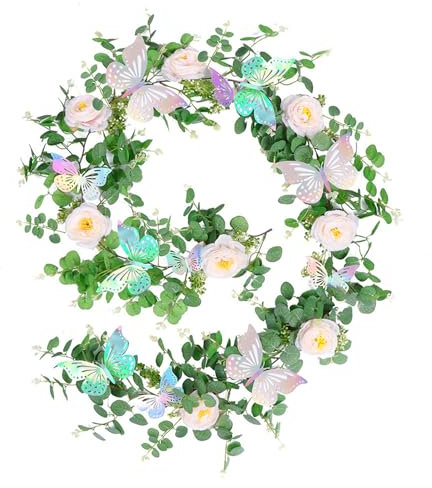 Guirnalda de Eucalipto Artificial con Pequeños Capullos de Flores Blancos y Mariposas Láser, Guirnalda de Primavera, Enredaderas Colgantes Falsas, Hojas de Hiedra Falsas, (E)