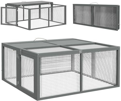 PawHut Enclos Lapin Extérieur Pliable Parc Lapin 110x105x50cm Gris | Toit Ouvrant Total, Cage Lapin Intérieur, Poignée, Sol sans Fond, 1,15㎡, pour 2-3 Cochons d'Inde