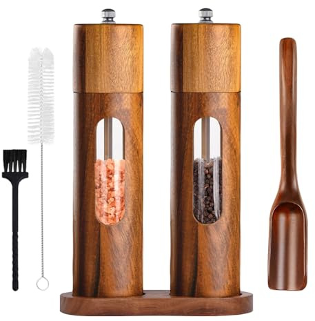 Uallsny Pfeffermühle Holz Salzmühle Manuell Gewürzmühle Salz und Pfeffermühle mit Keramikmahlwerk verstellbarem 2er Set mit Untersetzer für Pfeffer Salz Gewürze Höhe 21,5 cm