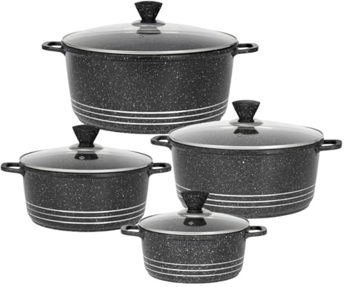 Die Cast Stockpot Set 4 Piece Non Stick Cooking Pot Casserole Set Aluminium Induction Stock Pot with Lids Tempered Glass 20cm 24cm 28cm 32cm Induction (Black)