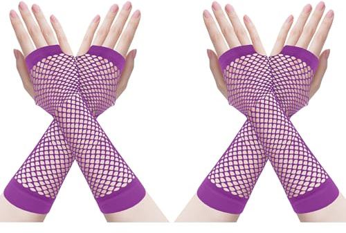 ZTVOWTO 2 Paar Fingerlose Netzhandschuhe, 80er 90er Fischnetz Handschuhe für Halloween, Weihnachten, Kostümpartys und Cosplay Zubehör(Lang Lila)