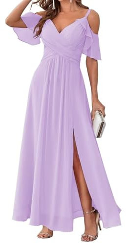 Abiti da damigella d'onore con spalle scoperte per matrimonio con spalline sottili in chiffon formale abito da sera con fessura AH129, Lilla, 42