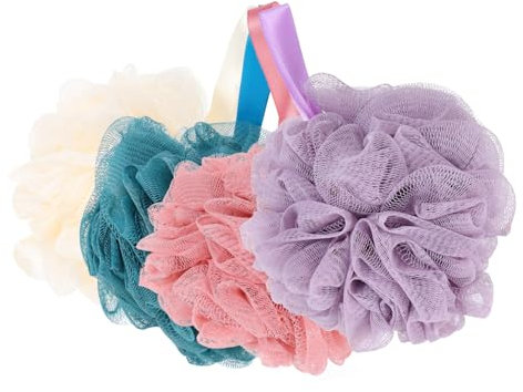 WOONEKY 4pcs Exfoliating Bath Ball Skin Cleaning Scrubber Soft Shower Puff Multipack for Bathing