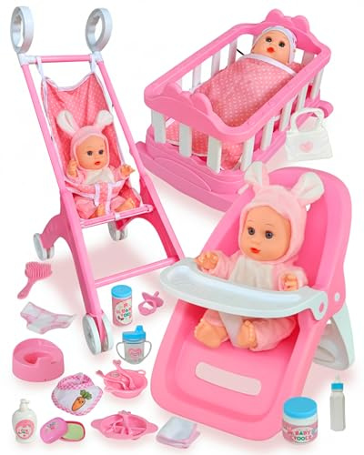 PLAYFULBAY Baby Doll Accessories Set with Baby Doll Cot,Highchair & Pram, 31-Piece Playset with 2 Outfits,Imaginative Role-Play Gift for Girls Ages 2+