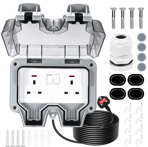 Zankeox Outdoor Socket, Outdoor Double Plug Sockets with 6M Extension Cable, IP66 Weatherproof Wall Electrical Outlets with On-Off Switch and Indicator Light,Outside Plug Socket for Garden Garage Yard