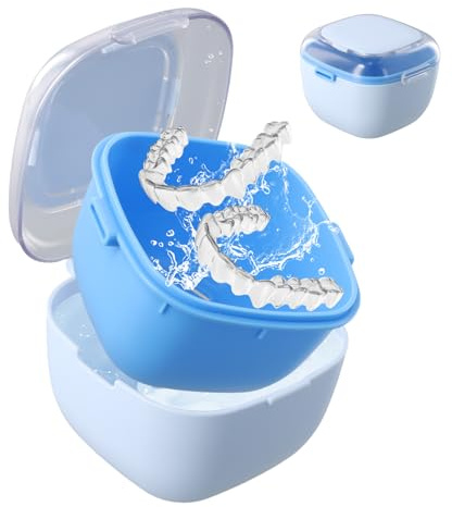 Zahnspangendose mit Sieb, Transparente Gebissdose für Prothesen und Zahnspangen, Tragbare Prothesenbox mit Sichtfenster, Reinigungsbox für Zahnschienen, Blau