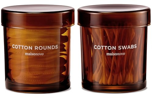 MAISONOVO Glass Bathroom Containers with Lids (Airtight) - Qtip Holder - Apothecary Jars for Cotton Rounds, Swabs, Balls, Pads - Amber Q Tip Dispenser - 2 pcs Bathroom Canisters Set for Organization