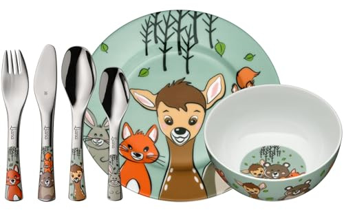 WMF Kindergeschirr Set Waldfreunde 6-teilig mit Gravur – Personalisiertes Kindergeschirr mit Namen – Porzellan Teller & Schale mit Kinderbesteck – Geschenk für Mädchen und Jungen ab 3 Jahre