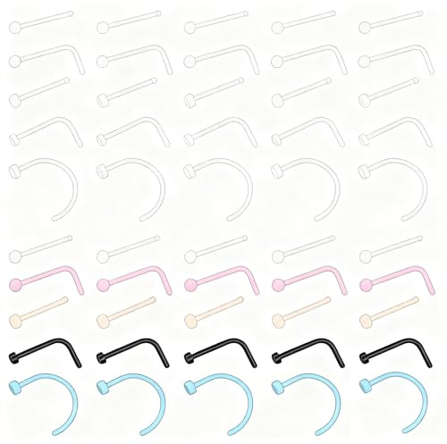 Inajoke 50 PCS Clear Nose Studs Hide Piercing for School Plastic 20G Piercings Retainer Set Acrylic Invisible Noses Stud, Flexible Nose Studs Small L-Shaped Noses Bar Ring, Clear & Colored (0.8mm)