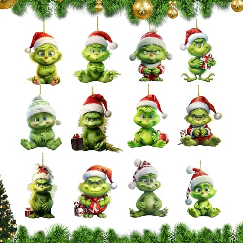 KQWVZ G rinchWeihnachtsdeko Anhänger, 12 Stück Weihnachtsbaum Deko, Weihnachtsgrünes Monster, Hochwertige 2D-Acrylanhänger, Weihnachtsbaumschmuck Mit Kordel, Für Weihnachtsbaums Dekorationen, Urlaub