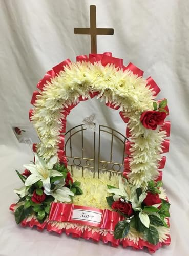 Silky Bouquets Gates of Heaven Funeral Tribute – 2ft Silk Chrysanthemum Display with Ribbon Edge & Rose and Lily Cluster | Personalized Artificial Funeral Flowers Memorial with Sash