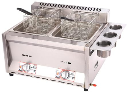 Friggitrice a gas GPL, 2 x 8 l, doppio serbatoio, in acciaio inox, con cestello e coperchio, per patatine fritte, casa, cucina, ristorante