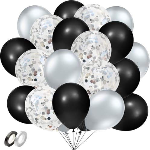 Schwarze Luftballons Set, 12 Zoll Luftballons Schwarz Silberne-ballons, Konfetti-ballons, Ballons Schwarz Geburtstag für Geburtstag Hochzeit Babyparty Dekoration (100 Stück)