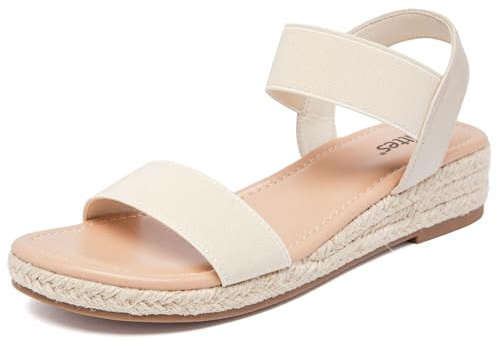 Veittes Sandales compensées à plateforme pour femmes,Sandales compensées espadrilles d'été habillées à talon avec bride élastique à la cheville orteils ouverts,Beige,45 EU,2507008