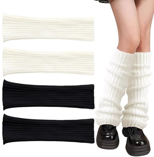 OIXYAZ 2 pares Calentadores piernas,Calentadores largos de punto para mujer, calentadores largos de pierna de crochet, calentadores de piernas para invierno(Blanco y negro)
