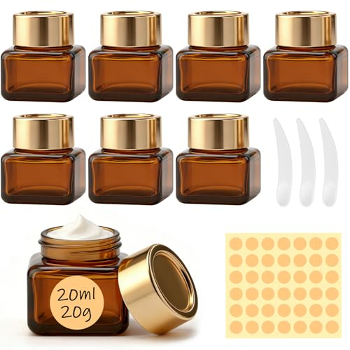 Maxumille 8 Stück Cremedosen zum Befüllen, 20ml Amber Glas Leerdose, Döschen mit Deckel, Spatel & Aufklebe, Leere Tiegel Quadratisch Salbendosen für Kosmetik, Lotion, Braunen Glasbehälter für Cremes