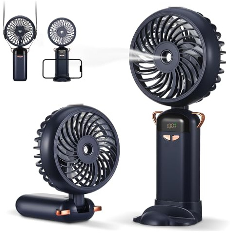 Nircho Portable Handheld Fan with Water Mist Spray, USB Rechargeable Handheld Fan with 5 Speeds, Mini Lightweight Battery Powered Small Desk Cooling Spray fan for School, Camping, Makeup (Blue)