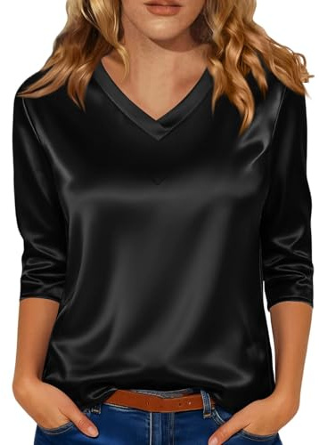 Blusas de satén para mujer, manga 3/4, de seda, cuello en V, camisas de vestir, estilo casual, holgadas, para negocios, trabajo, oficina