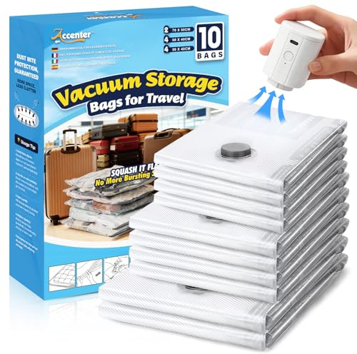 Accenter Vacuum Storage Bags with Pump for Travel,Space Saver Bags,10-Pack | Travel Essentials for Clothes Storage,Portable Vacuum,Clothes Storage Bags Ideal for Holiday,Home Storage, Moving House