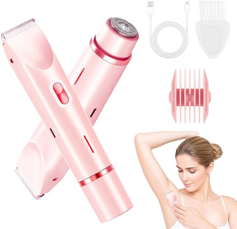 Bikini Trimmer for Women, 2 in 1 Electric Razors for Women, Dermave Bikini Shaver, IPX7 Waterproof & Easy Cleaning, Ceramic Blade, 120 Min Cordless Runtime, Ultra Low Silent(Pink).