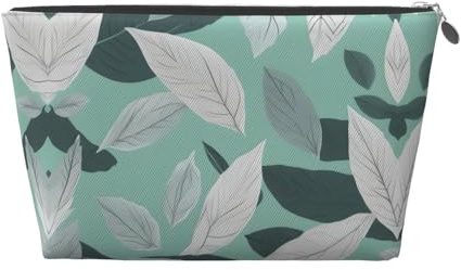 Neceser de viaje de cuero dorado, reutilizable, con estampado de hojas grises menta, organizador de maquillaje, bolsa de almacenamiento portátil suave, Silver, Talla única