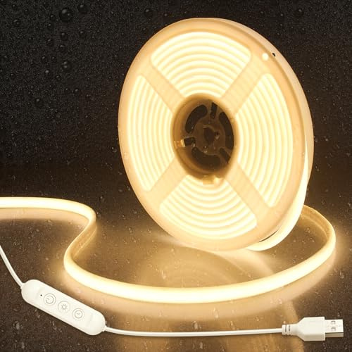Aclorol 6M COB LED Strip Light Warm White 3000K Outdoor LED Strip Light Waterproof IP67 with 1.4M USB Cable Dimmable Tape Light for Kitchen Shower Niche RV Awning Lighting Outdoor Patio Decoration