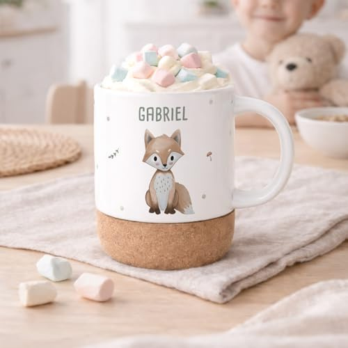 hellomini Personalisierte Tasse mit Korkboden für Kinder, Kindertasse mit Wunschdruck, Kinderbecher mit Namen, Geschenk zum Geburtstag, (Fuchs)